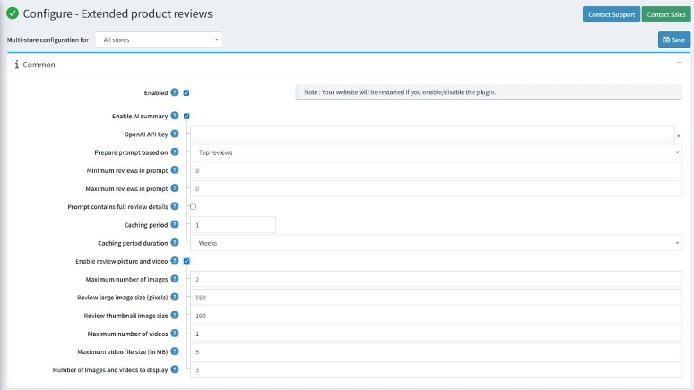 extended product review nopcommerce plugin common setting configuration page